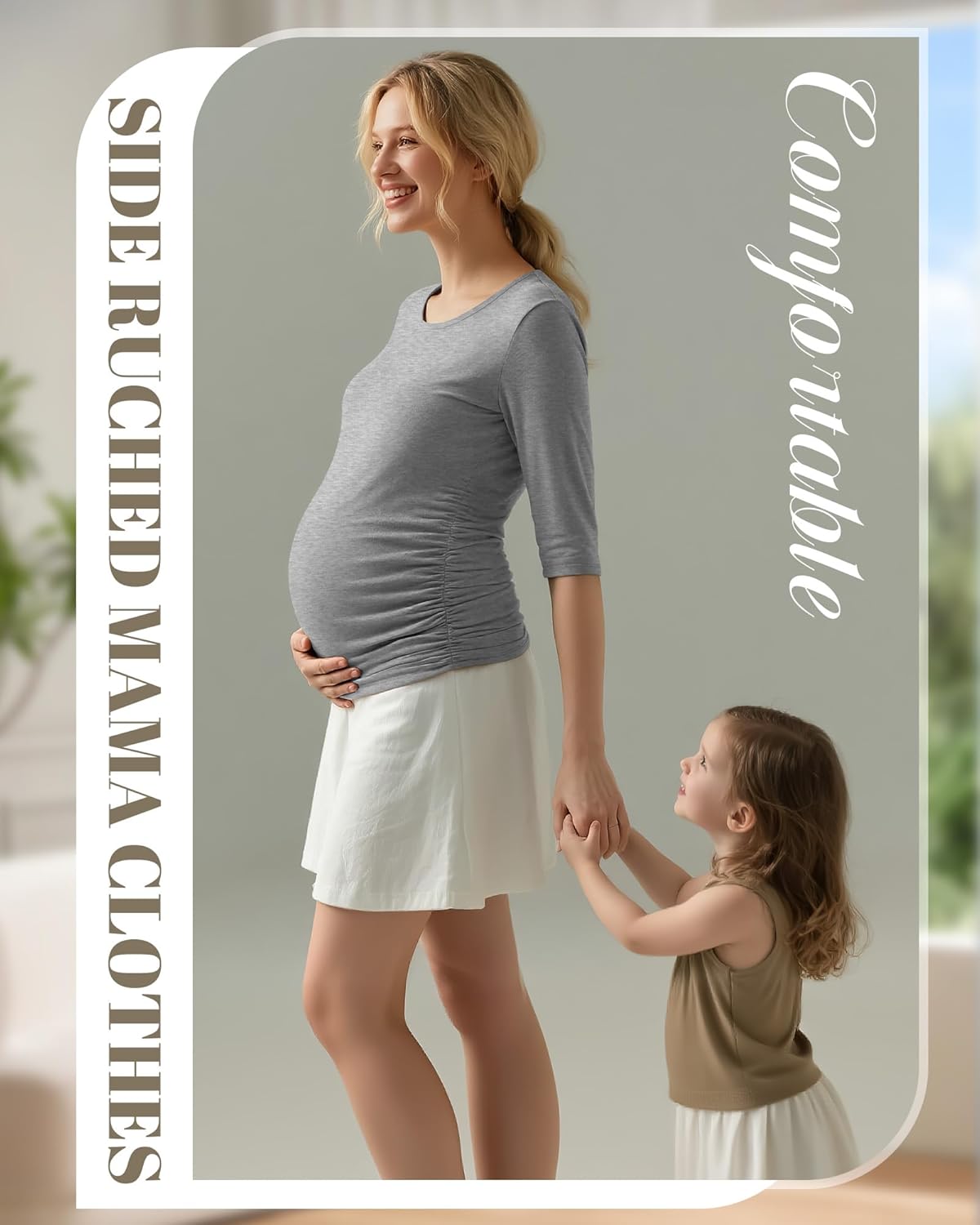 4 Pack Women's Maternity Shirts, Half Sleeve Side Ruched Tops Crew Neck Summer Casual Pregnancy Clothes - Image 3