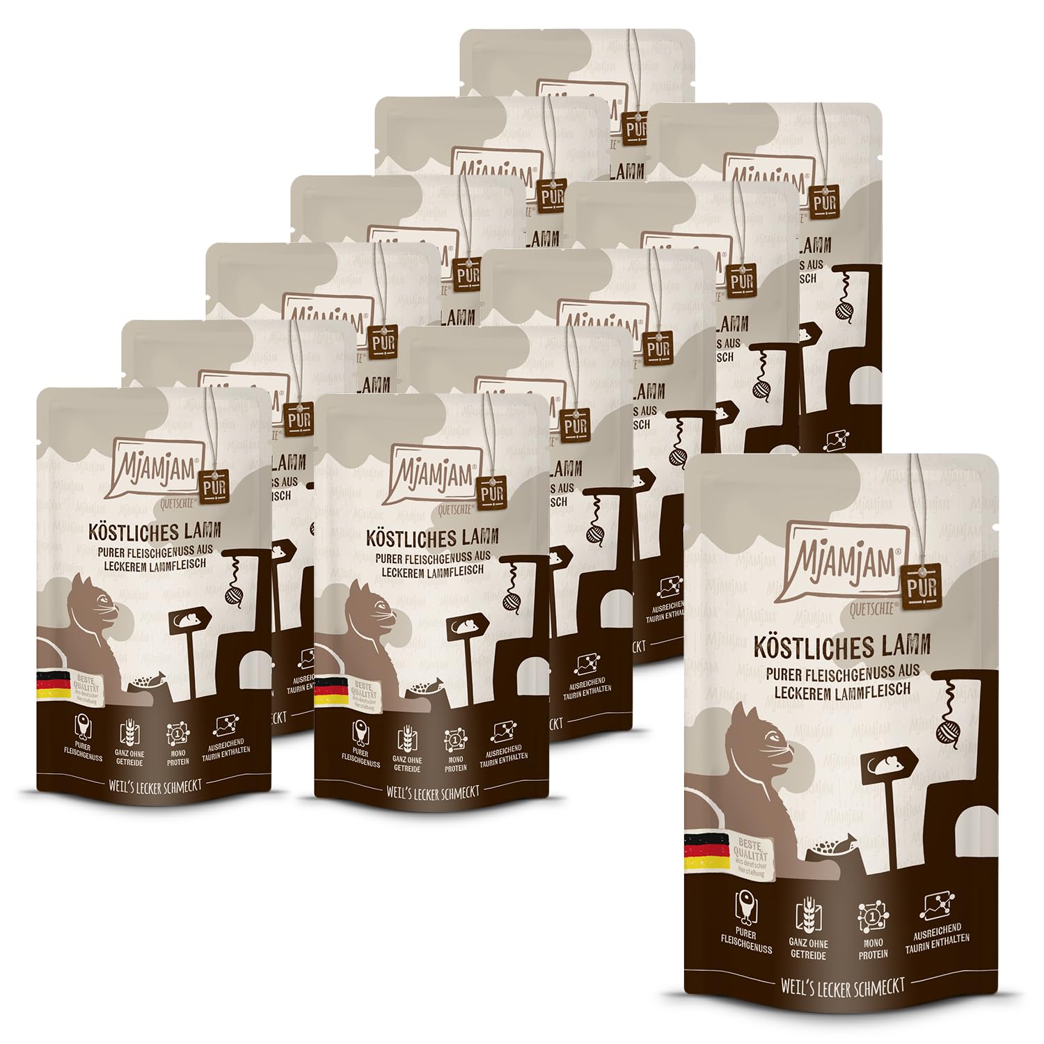 MjAMjAM - Premium Nassfutter für Katzen - Quetschie - purer Fleischgenuss - köstliches Lamm pur, 12er Pack (12 x 125 g), getreidefrei mit extra viel Fleisch