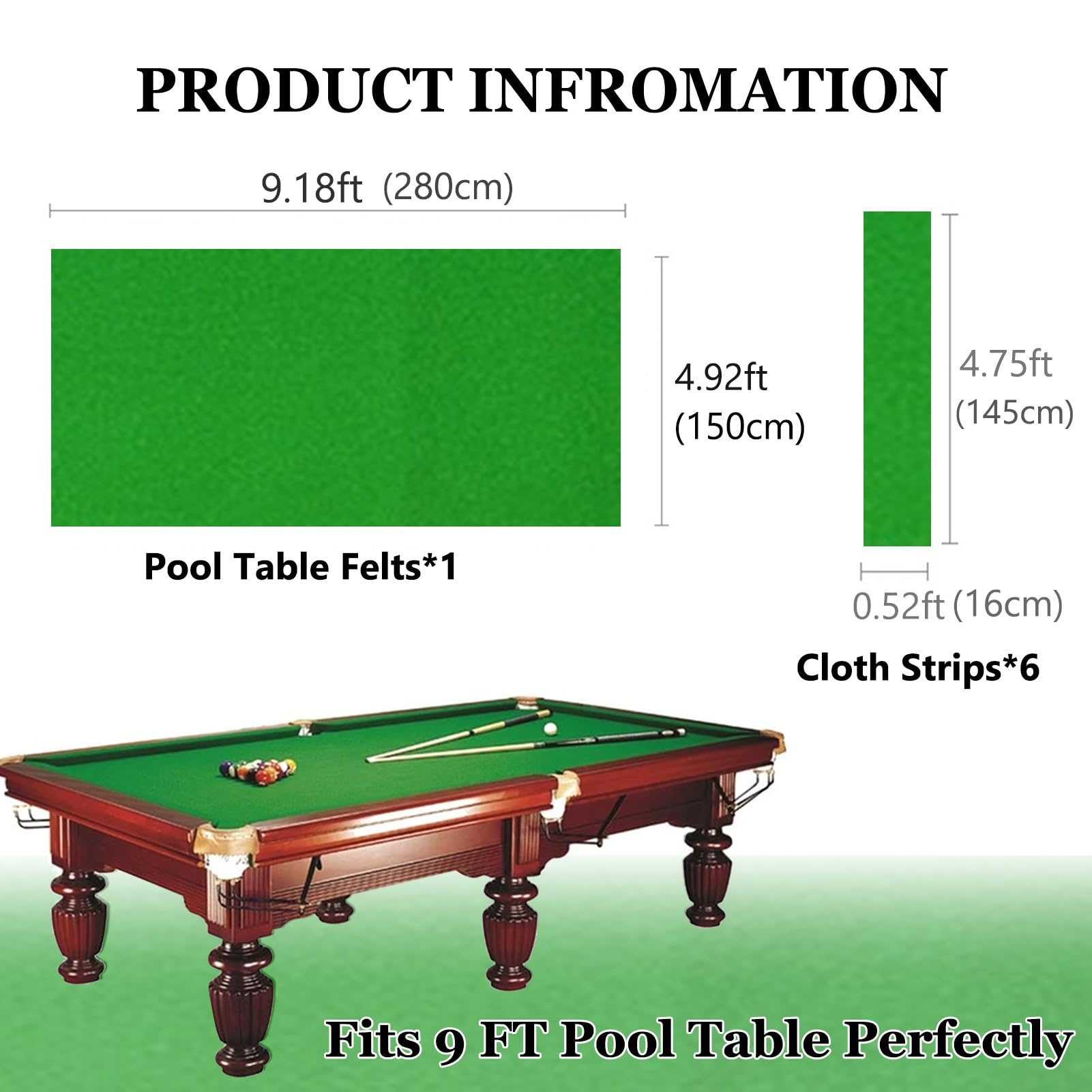 Tissu de Billard Tapis De Billard Professionnel De 2,74 M /9 Pi avec 6 Bandes, Kit De Feutre Rapide pour Tables De Billard, Bars, Hôtels Et Jeux D'intérieur.