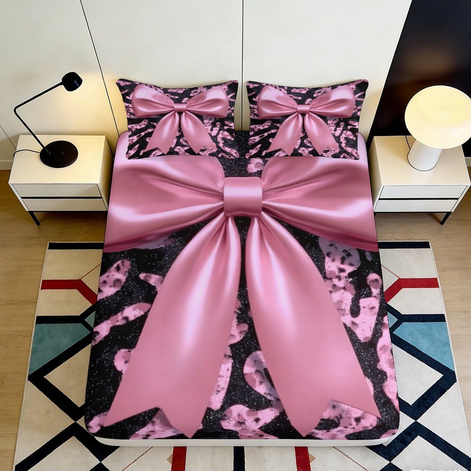 3D Printed Pink Ribbon Fitted Sheet Microfiber Soft Breathable Bow Pattern Bed Cover for Bedroom Dorm Mattress Protection Decor 160x200x25cm