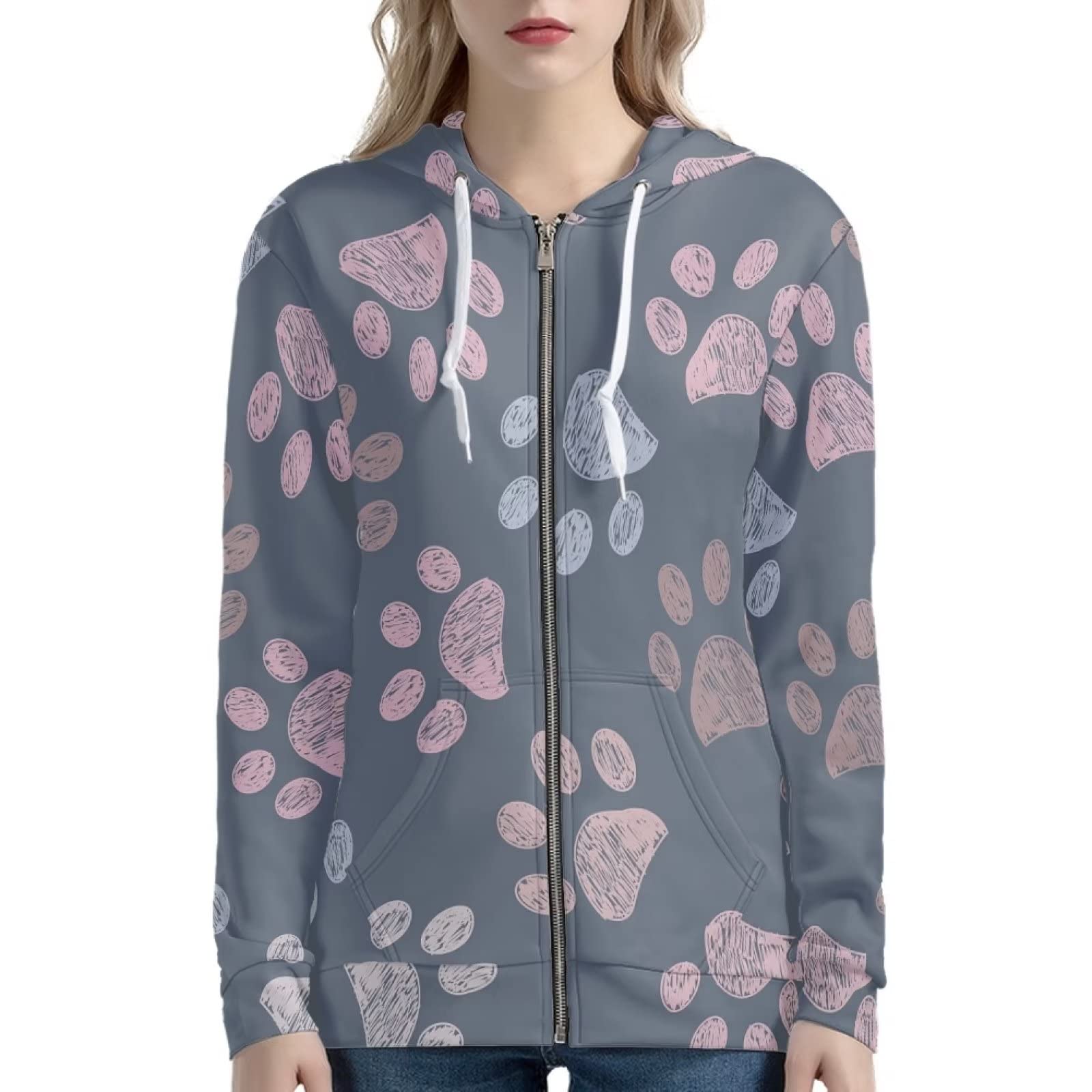 Xoenoiee Y2K bluza z kapturem damska bluza z zamkiem błyskawicznym dziewczęca kurtka uliczna długi rękaw oversize swetry z kapturem luźny krój, Psy łapy, S