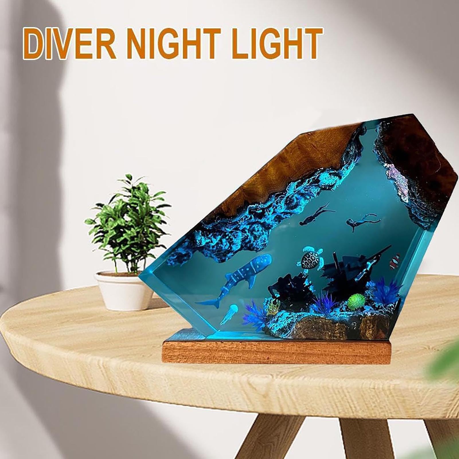 Lámpara de mesa Diver, luz nocturna de resina con decoración de tortuga y océano, lámpara de madera Art Deco para el hogar, oficina, dormitorio, regalo