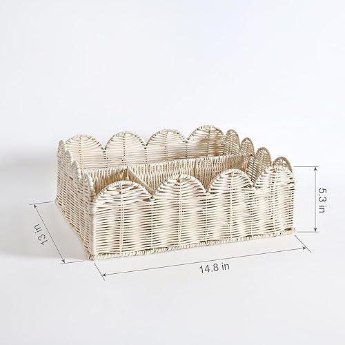 Miniatura 3 de Cesta festoneada dividida de ratán, cesta de mimbre para pañales festoneada, cesta tejida natural con 4 divisores, adecuada para habitaciones