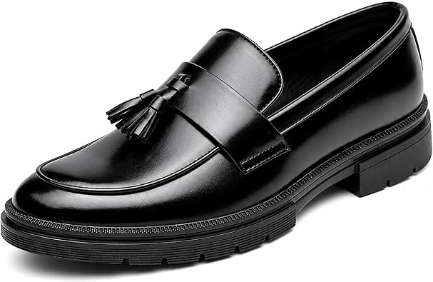 Mens Fashion Tassel Chunky Platform Loafers Comfortable Leather Slip On Low Block Heel Business Casual Dress Shoes Non-Slip Lug Sole Office Work Shoes