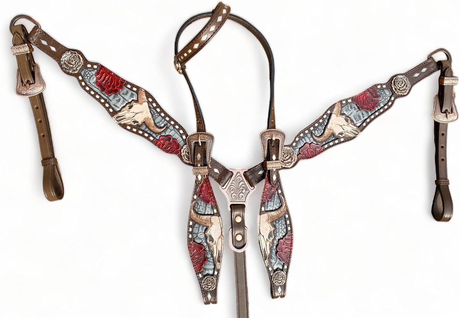 Western Headstall and Breast Collar Set, Bronc Halter for Horse, Tooled Design, Alligator Inlay