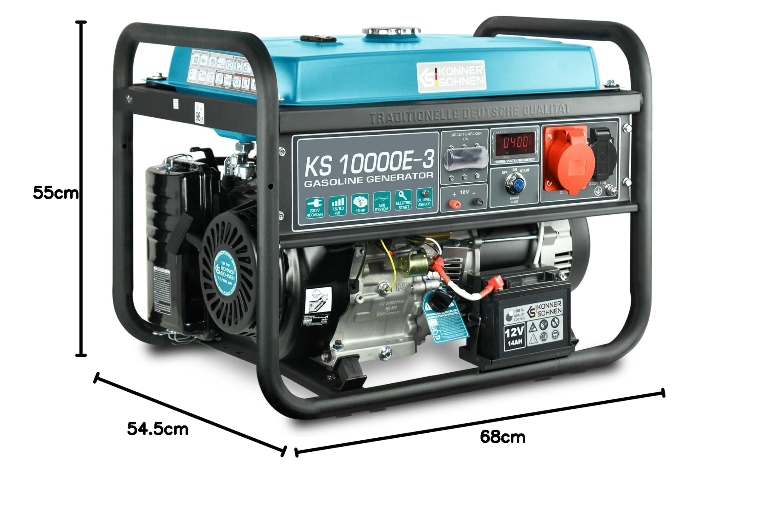 Könner & Söhnen KS 10000E-3 Stromerzeuger, 18 PS 4-Takt Benzinmotor, E-Start, Automatischer Spannungsregler, Anzeige, 1x16A (400V), 1x16A (230V) Generator…