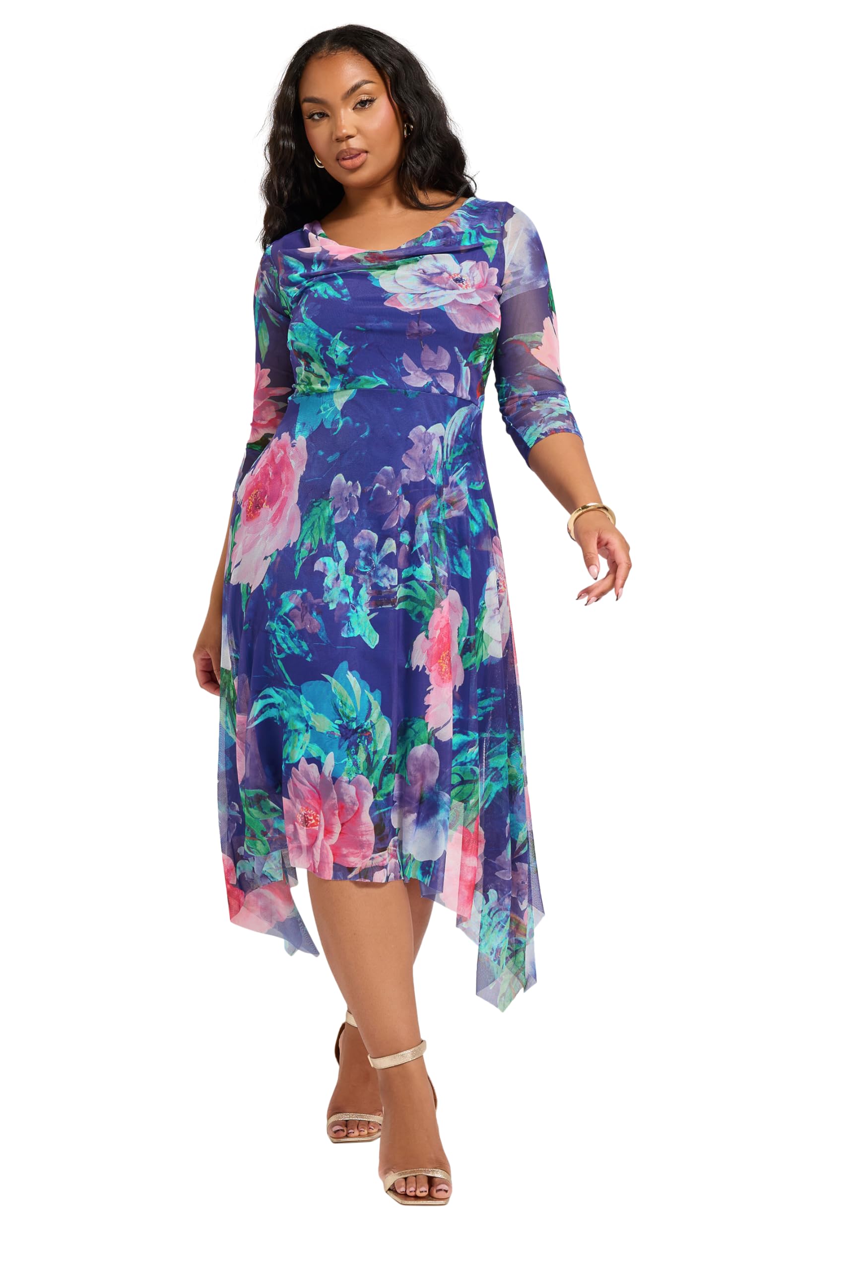 Yours Floral Asymmetric Mesh Dress Blue - 3/4 Sleeve - Cowl Neckline - Women's Size 22