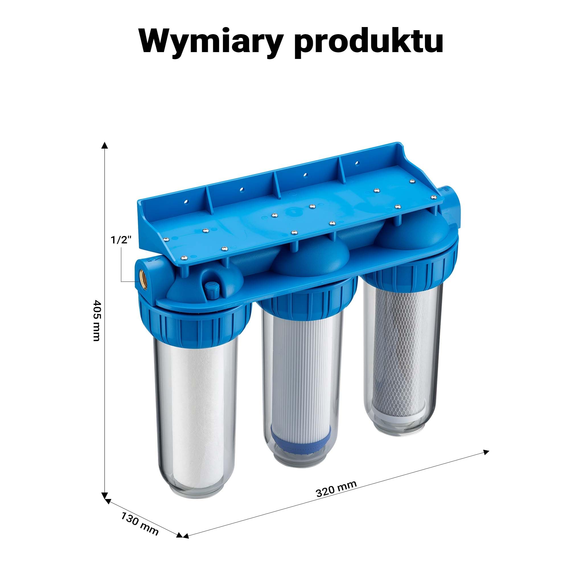 Naturewater NW-BR10B4 3-stopniowy filtr do wody, 5 µ, 20,67 mm (1/2"), wkład PP Ø60 mm, uchwyt ścienny filtra, klucz do filtra, filtr osadów blok węgla aktywnego granulat węgla aktywnego