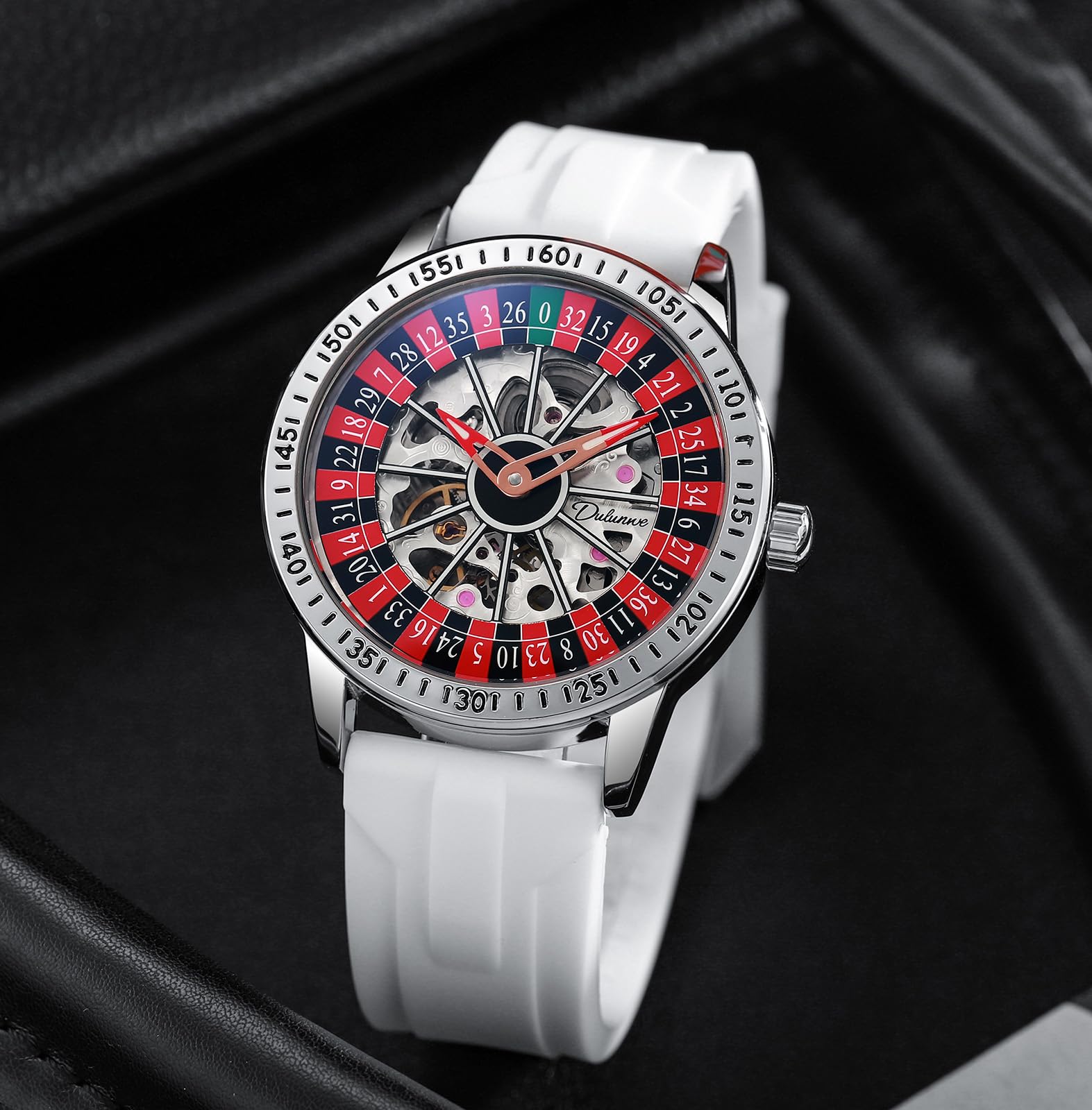 MASTOP Roulette Wheel Męskie zegarki Automatyczny zegarek mechaniczny dla mężczyzn Swinging Rotary Dial Design Hollow Szkielet Zegarki Ze Stali Nierdzewnej Wodoodporny Zegarek Biznesowy, Guma Biała,