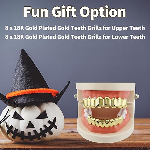 Miniatura 4 de 16 piezas chapadas en oro de 18 quilates con acabado dorado de 18 quilates, 8 dientes superiores + 8 dientes inferiores, parrillas bucales Hip Hop