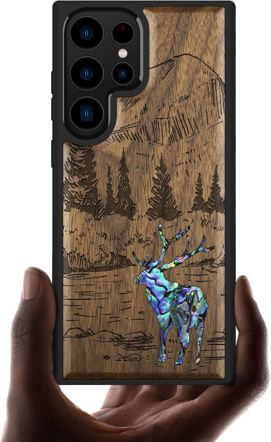 Carveit Designer Wooden Case for Samsung Galaxy S23 Ultra Cover [Wood Engraving & Shell Inlay] Compatible with Wireless Chargers Galaxy S23 Ultra Case (Forest Deer-Walnut)
