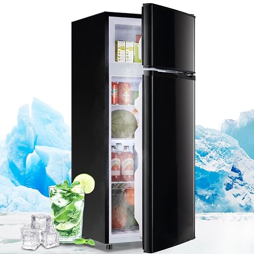 DEMULLER Full-Sized Fridge with Freezer Two Doors Refrigerator with 7 Setting Adjustable Thermostat Crisper Drawer & Removable Shelves Low Noise Freezer-on-Top 4.55 Cu.ft Black