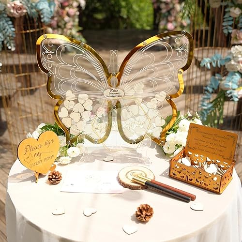 Personalized Butterfly Guest Book For Quinceañera, Sweet 15, Personalized Wooden Hearts For Wedding Guest Book With Butterfly Frame For Sign And