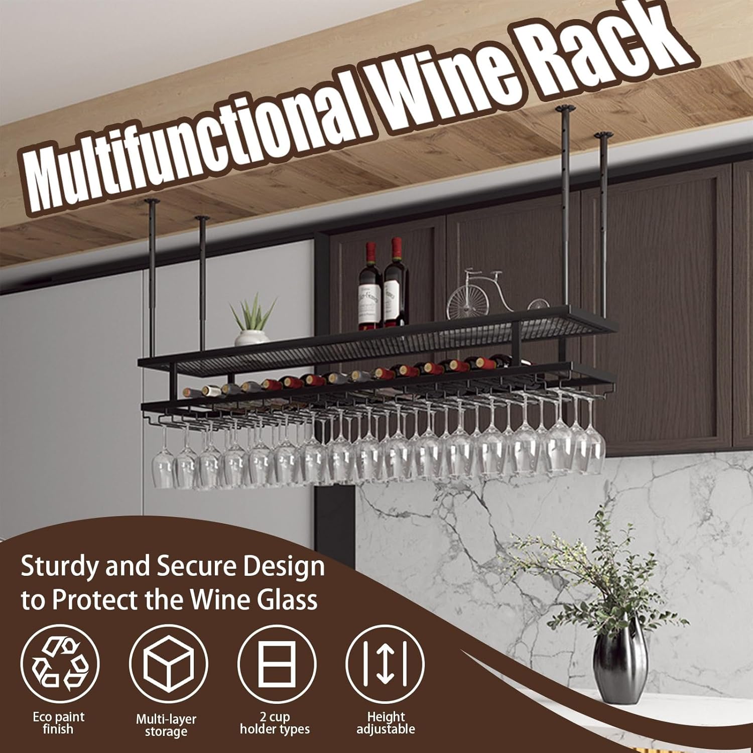 Commercial Wine Rack & Hanging Wine Storage Ceiling Mounted Wine Display Shelf for Easy Access and Elegant Organization in Restaurants and Homes(Black,120cm)