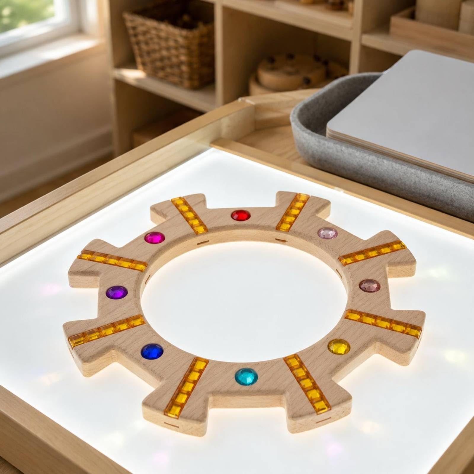 Blocchi Impilabili per Bambini Giocattolo Educativo Set Torre Puzzle Anelli in Legno di Faggio con Gemme Acriliche Trasparenti con Foro Centrale, Giallo