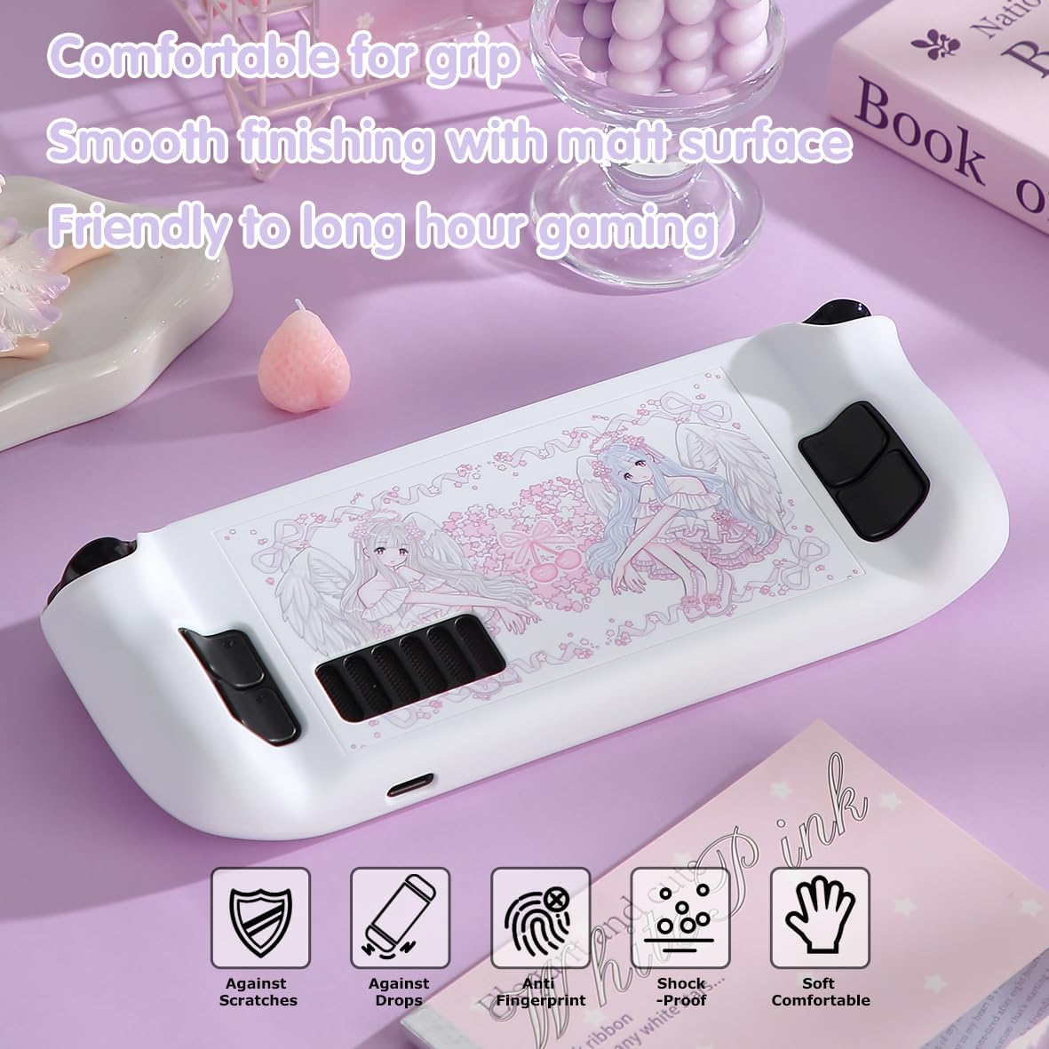 Case Compatible for Steam Deck OLED & LCD Protective Cover Shell Skin Kawaii Pink Angel Hard PC Protection Accessories with Trackpad Sticker Snap on Grip Case