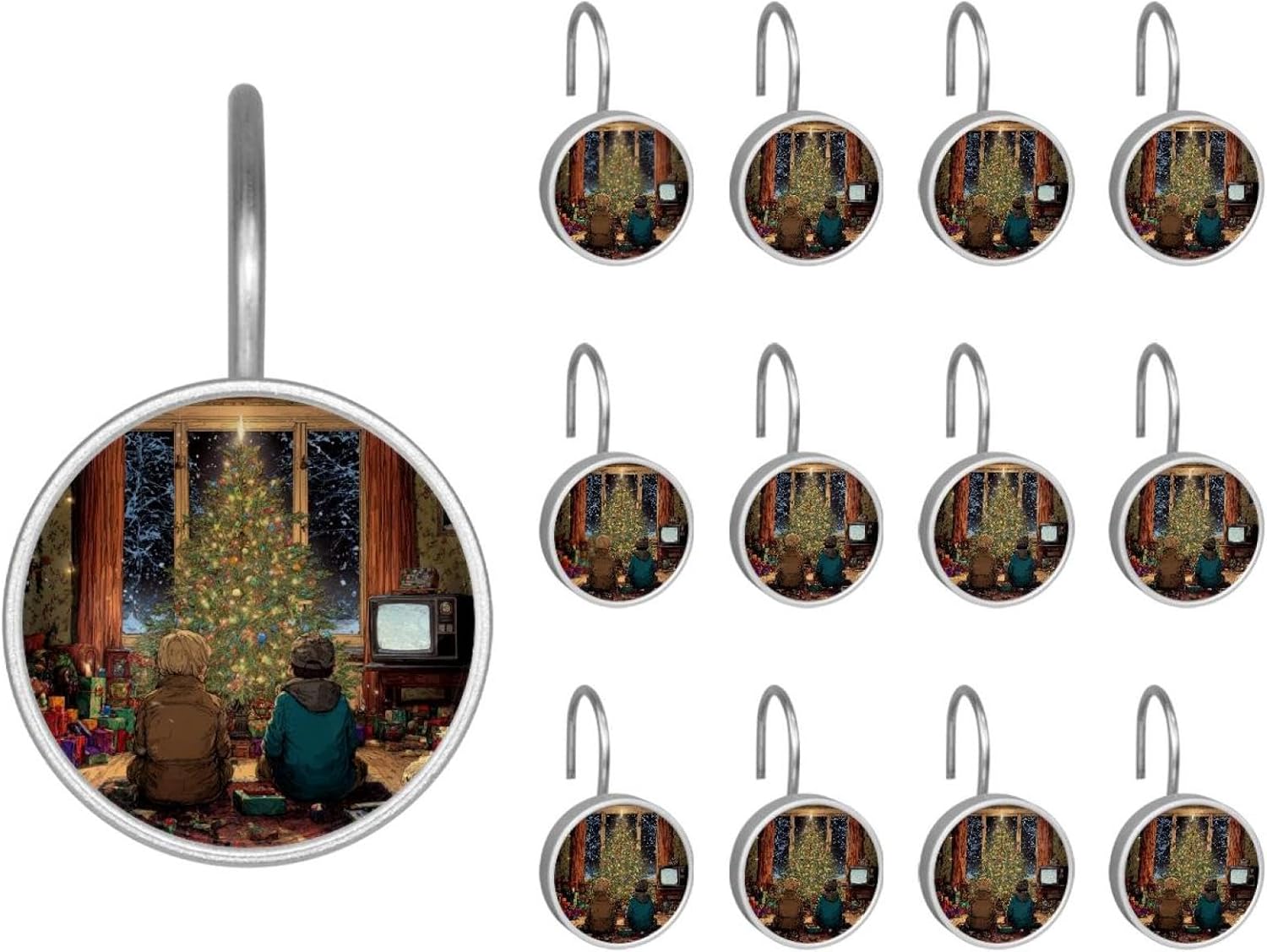 12PCS Happy Christmas (8) Shower Curtain Hooks Metal Rust Resistant Decorative Shower Curtain Hooks Bathroom Decorations