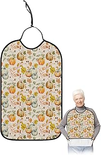 Kewadony Adult Bibs for Elderly Women - Thanksgiving Waterproof Dining Clothing Protectors with Crumb Catcher for Eating/Feeding, Watercolor Pumpkin Leaves Autumn Harvest Burlap Terry Cloth Bib