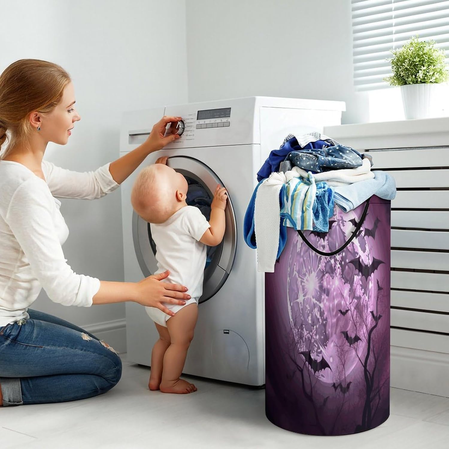 Purple MoonLaundry Hamper - Large Dirty Clothes Bag.Storage Basket for Easy Carry Handles. Large Clothes Basket with Handles, Clothing Storage Bucket Toy Organizer for Bathroom Bedroom Dorm.