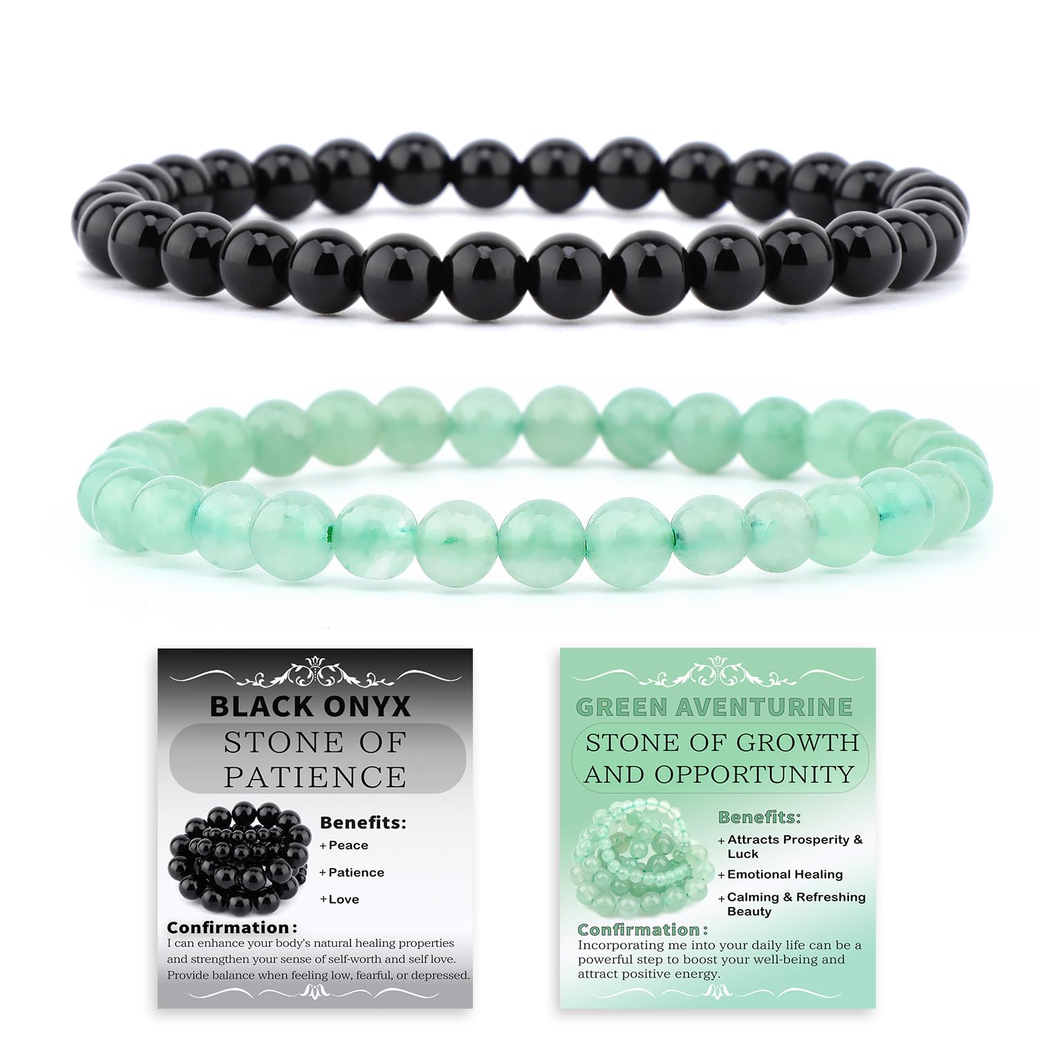 NCB Natural Crystal Gemstone Stretch Bracelets - Black Onyx & Green Aventurine (6mm, 2-Pack) | Handmade Reiki Energy Healing Jewelry - main product image