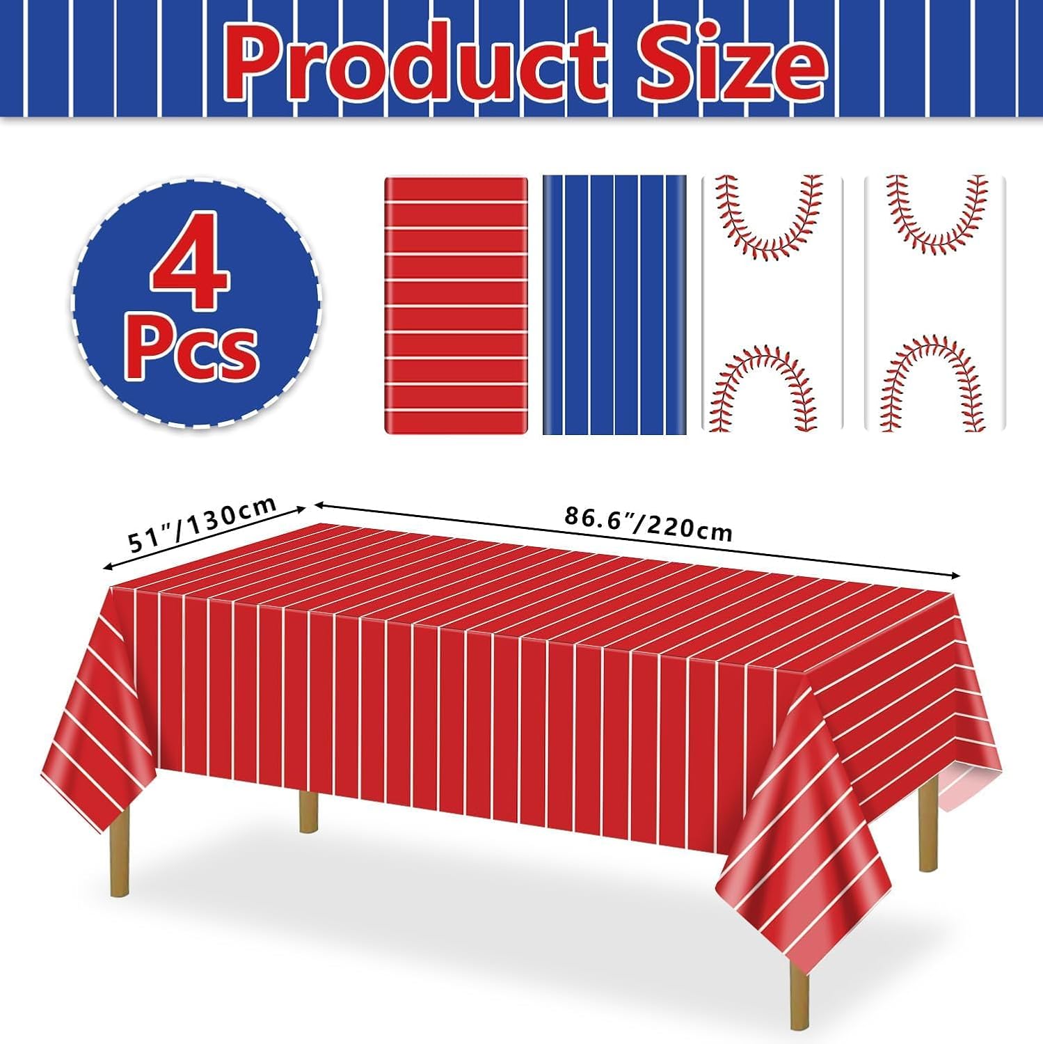 Baseball Theme Party Tablecloths, 4 Pack Disposable Baseball Striped Table Covers for Boy's Birthday Party Supplies Sports Decorations, 51 x 86 inch image 2