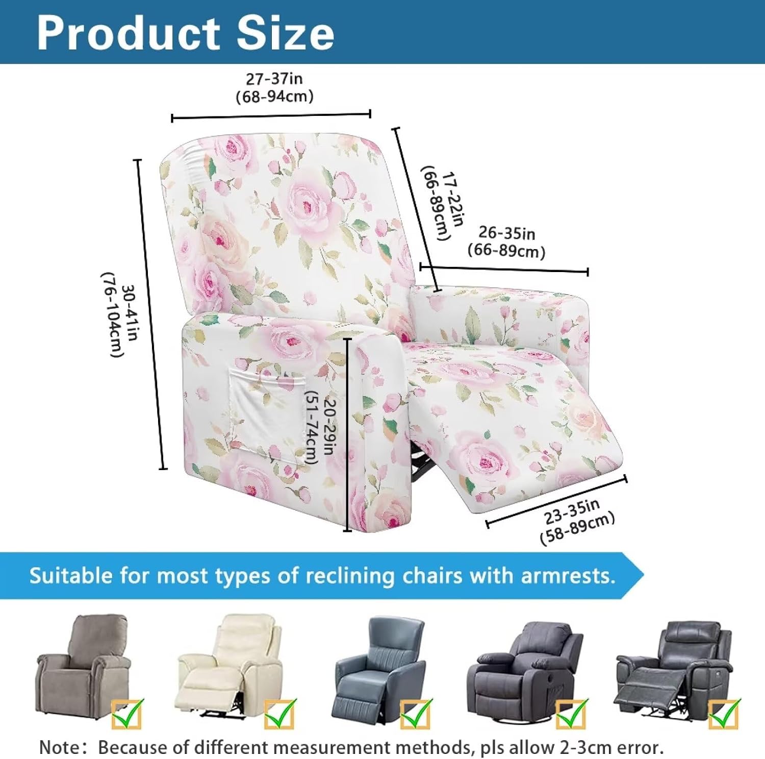 Swosrsggg Pink Rose Stretch Recliner Cover 4 Pieces Printed Lazy Boy Chair Covers Recliner Sofa Slipcover Anti-Slip Fitted Furniture Protector with Elastic Bottom