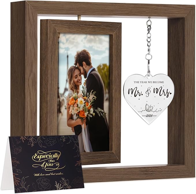 PIKPEOD Rotating Wedding 2026 Picture Frame 4x6 - Bridal Shower & Engagement Gifts for Couples & Newlyweds - Mr & Mrs Personalized Gifts (brown)