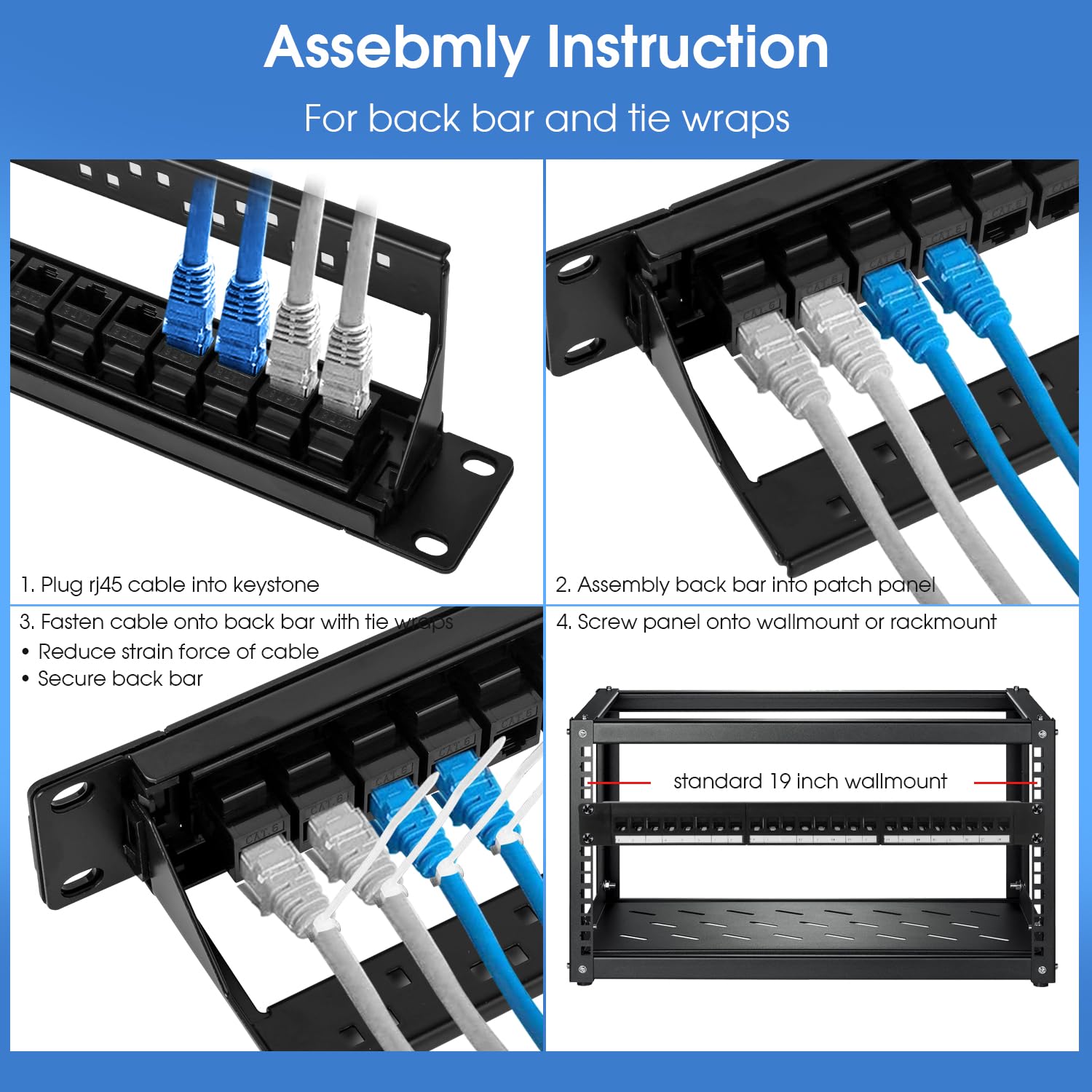 Panneau de brassage Keystone 24 ports, panneau de brassage réseau RJ45 1U 48,3 cm avec barre arrière, chargé avec 24 coupleurs Cat6 (noir)