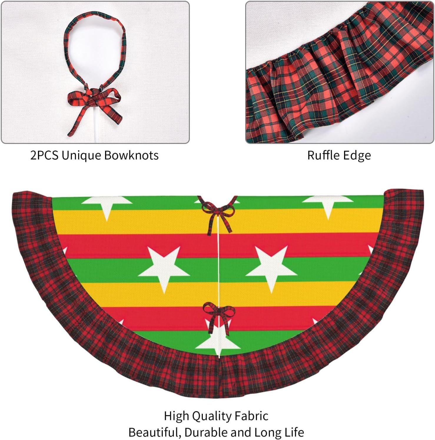 Flag of Myanmar Christmas Tree Skirt with Plaid 36 Inch, Xmas Tree Skirts for Christmas Tree Mat Decorations