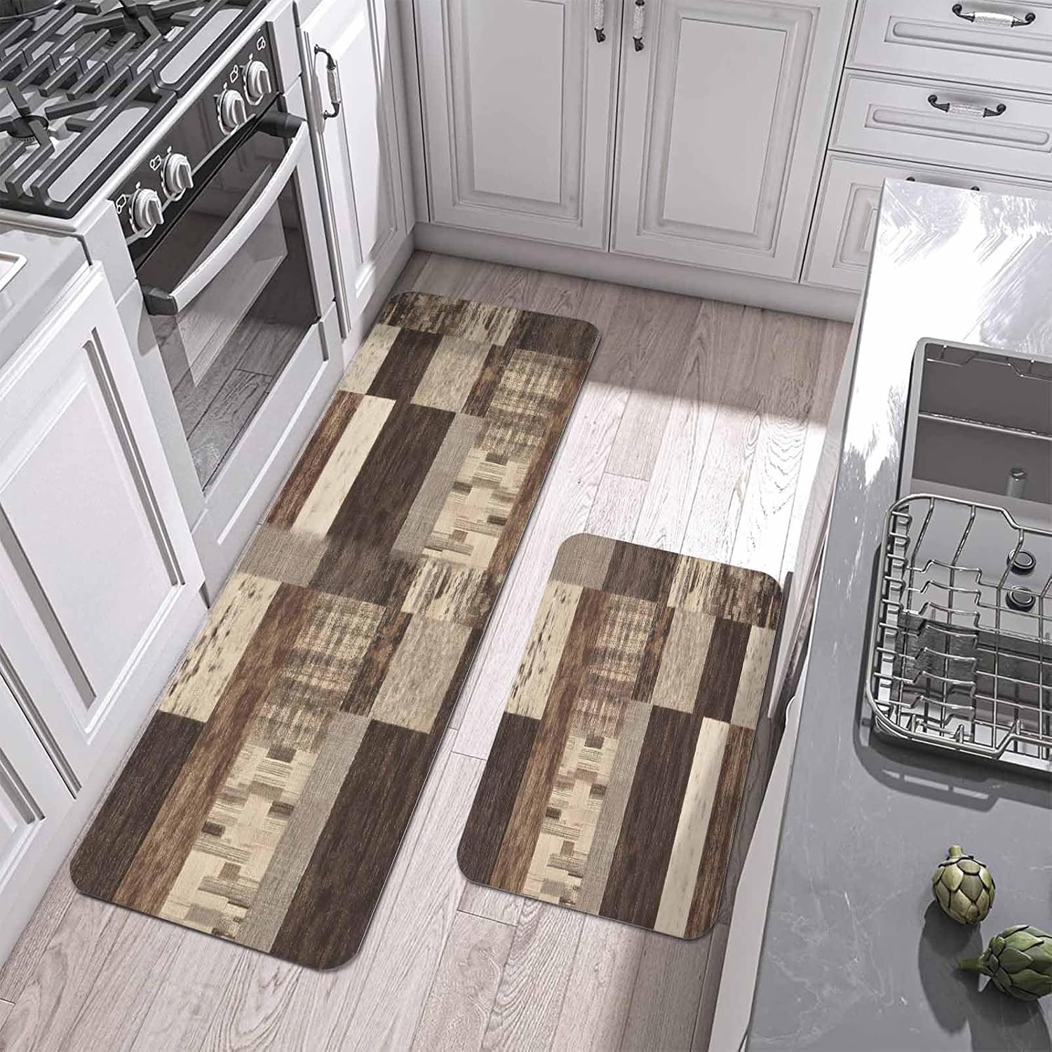 Prime Leader Brown Wood Stripes Kitchen Mat Set 2 Pieces Modern Geometric Patchwork Wood Plank Non Slip Kitchen Rugs Washable Runner Rug Mats for Sink Laundry (23.6" x 35.4"+23.6" x 70.9")