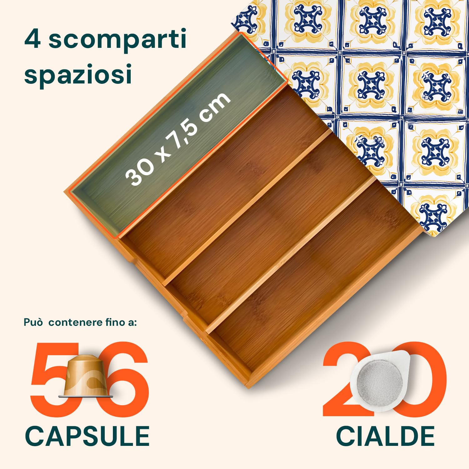 Avilia - Porta Cialde Caffè e Porta Capsule in Bambù con Ripiano in Vetro Maioliche di Sorrento, Organizer per Angolo Caffè e Tè 30x30x10cm, Elegante e Compatto per Casa e Ufficio