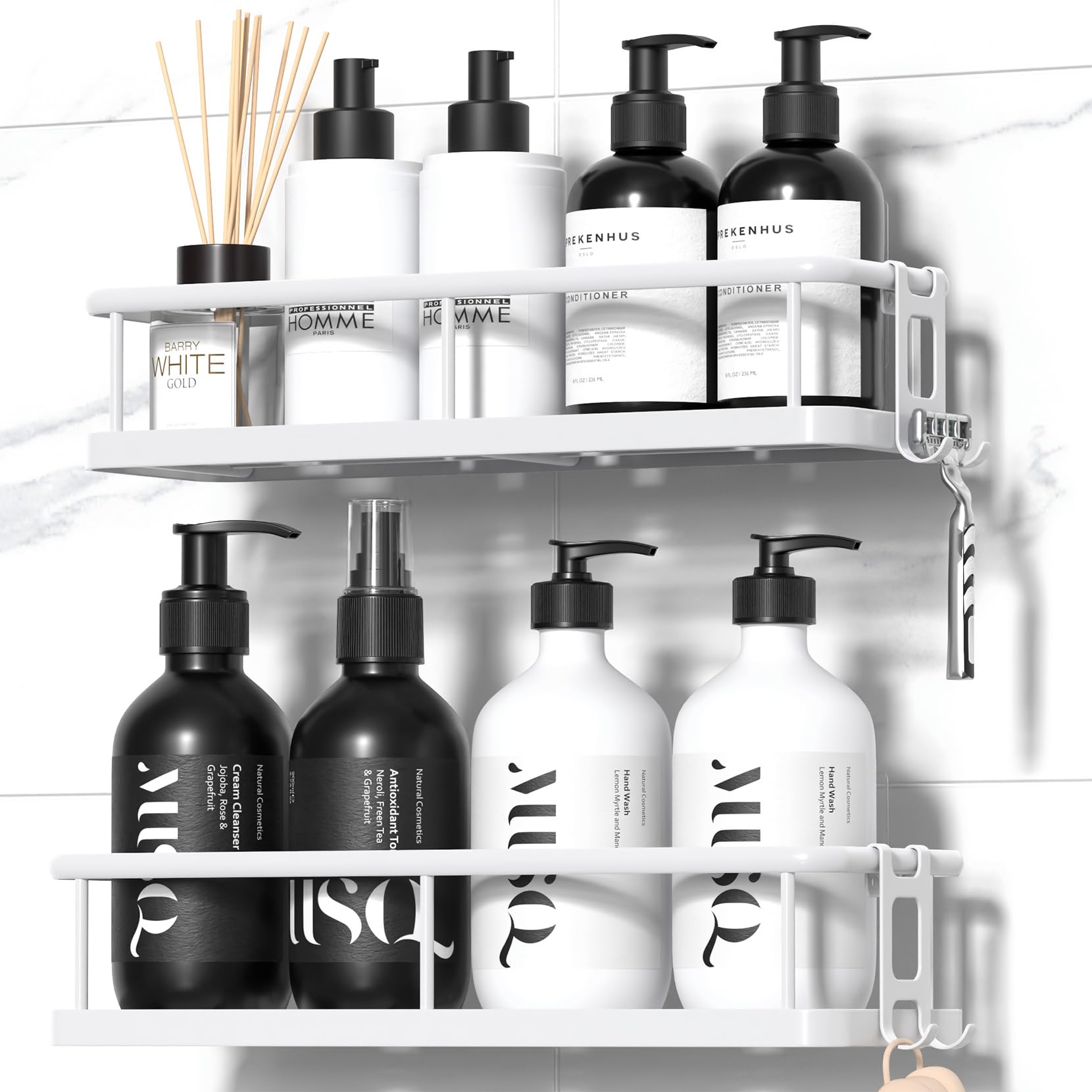 YASONIC Duschablage Ohne Bohren, 2 Stück Rostfreie Badezimmer Organizer, Schnelltrocknender Duschregal Ohne Bohren, Große Kapazität Shampoo Halterung für Dusche mit 2 Haken, Large Weiß