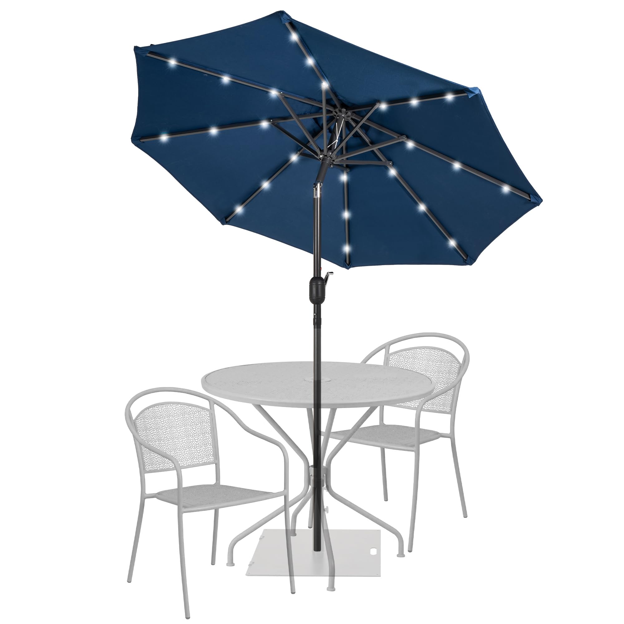 sundale outdoor 7 ft solar powered 24 led lighted patio umbrella with crank & push button tilt for garden, deck, backyard, pool, 8 steel ribs, polyester canopy (navy blue)