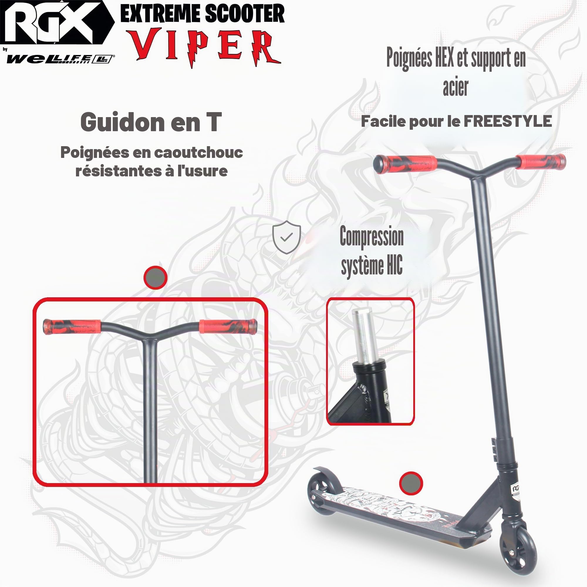 WeLLIFE Viper Trottinette de freestyle, avec système de connexion HIC, roues en polyuréthane de 110 mm avec jante en aluminium, roulements à billes ABEC 9RS, guidon à rotation à 360°, plateforme renforcée pour enfants/adultes