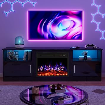 PRETZI Modern LED Light Entertainment Center with Storage Cabinet and Remote, TV Consoles for Living Room Black