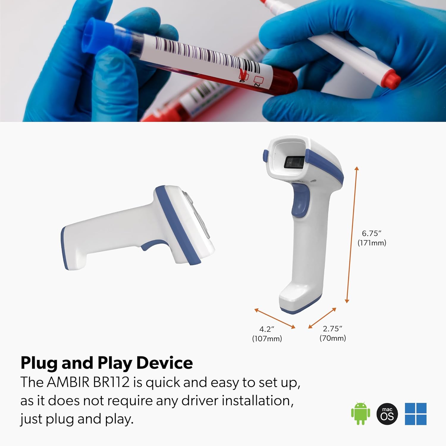 AMBIR BR112 Healthcare Barcode Scanner – USB Powered, Corded, 800x600 Pixel Resolution, Compatible with Windows, Mac, Linux, and Android, White/Blue
