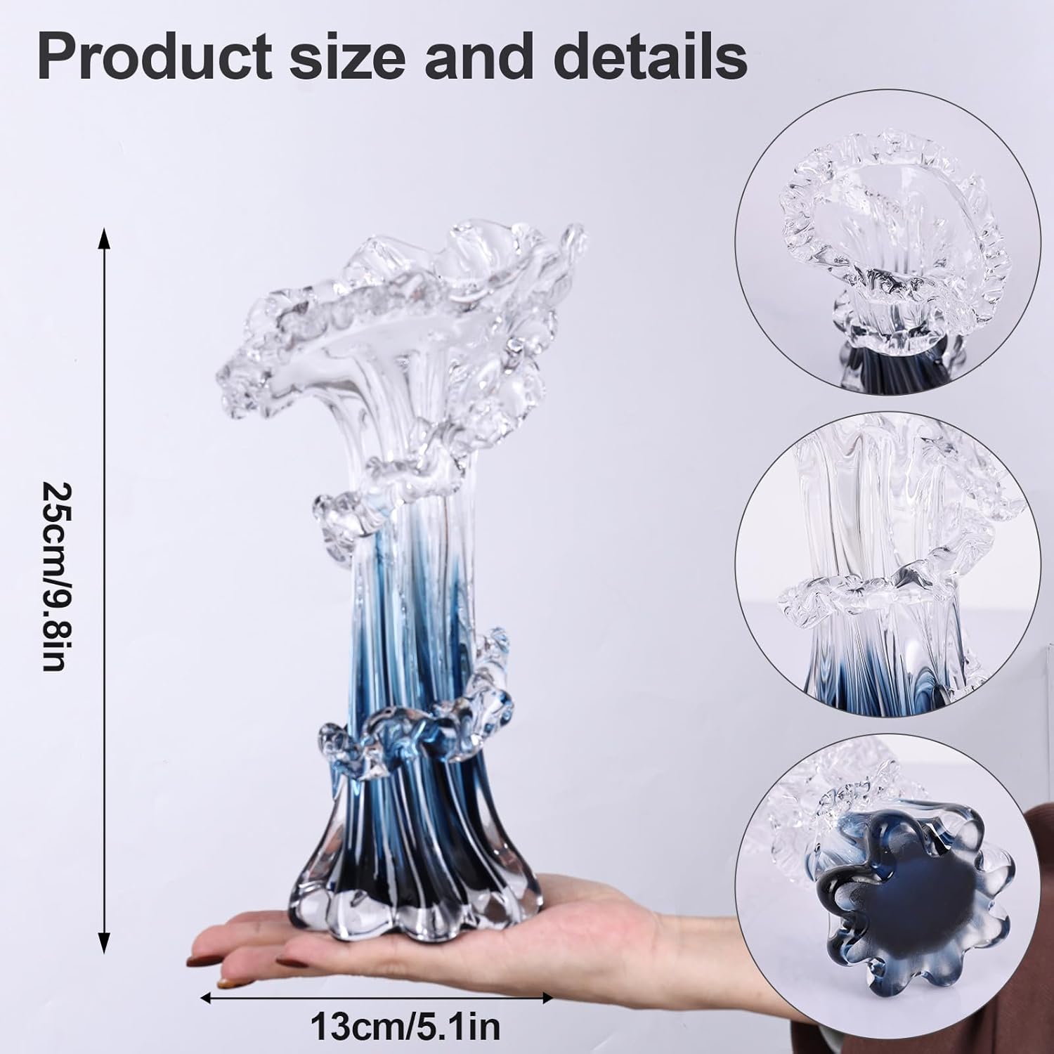 9.8" H Blue Blown Glass Vase, Modern Art Hand Blown Coastal Vase,Beautiful Unique Ocean Wave Centerpieces for Living Room, Bedroom, Office Desktop,Coffee Table and Wedding Decorative (M)