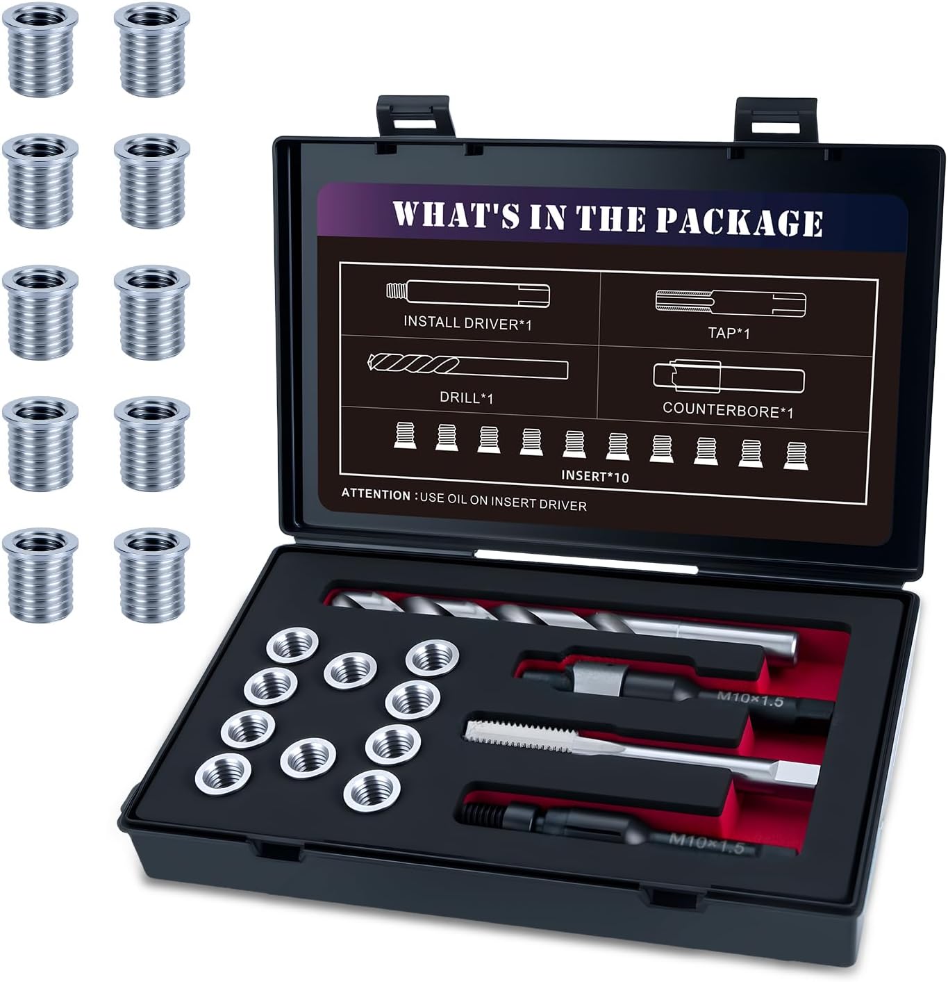 M10x1.5 Thread Repair Kit with 14mm Insert HSS Drill, Tap, Counterbore,Installation Driver,Stainless Steel Insert M10*1.5 * 14mm *10pcs