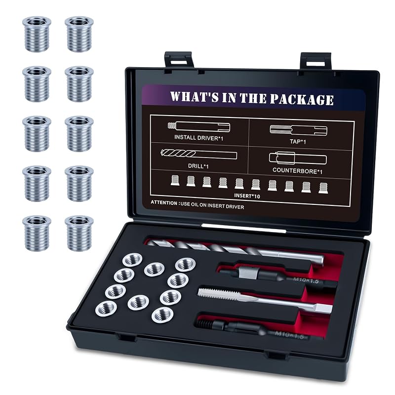 Kit de Reparo de Rosca M10x1.5 SENNMONN com Inserto Maciço de Aço Inoxidável 304, Broca HSS de 14 mm e 10 Insertos