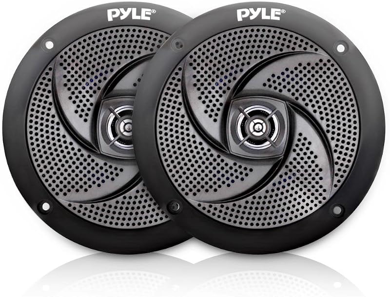 parlantes marinos Pyle - Sistema de sonido estéreo de audio para exteriores de 4 pulgadas, 2 vías, resistente al agua y a la intemperie, con potencia de 100 vatios y diseño de estilo delgado de perfil bajo - 1 par - PLMRS4B (negro)