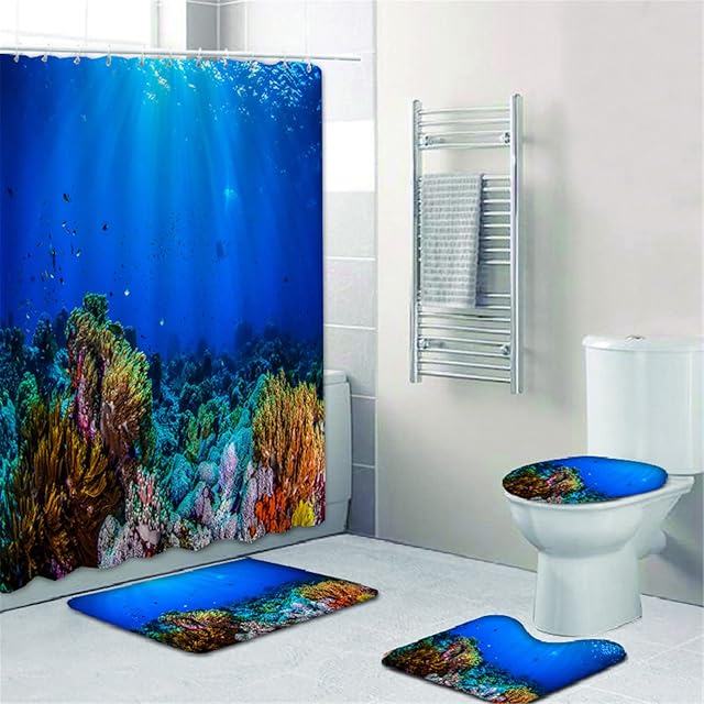 Fgolphd Underwater World Shower Curtain 180 x 200 cm 180 x 180 cm Beach Colourful Bathroom Rug 4-Piece Set Shower Curtains Waterproof (1,200 x 240 cm)