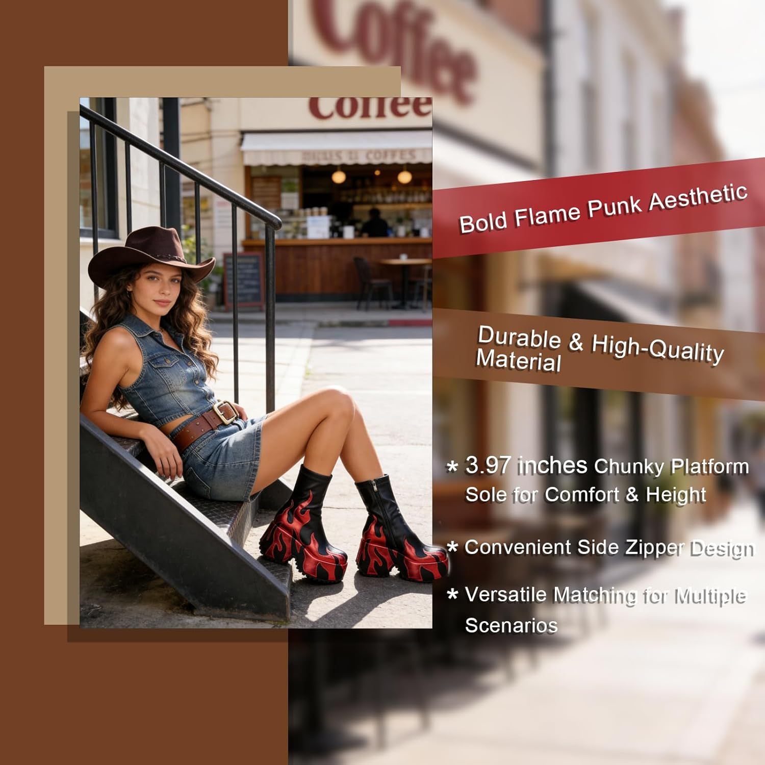 HiColor Women's Red Flames Printing Chunky Sole Boots, Ankle-High, Zipper Closure, Round Toe, Platform Heel, All-Season, Women's Casual Boots - Image 7