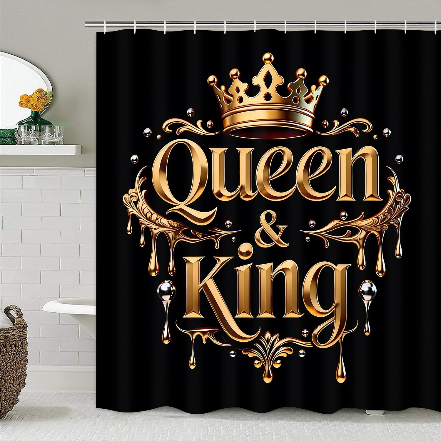 AZHM Golden Crown Print Shower Curtain Set Black Luxury Bathroom Accessories Sets with Shower Curtain and Rugs