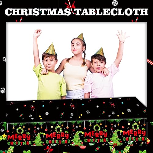 Miniatura 5 de 2 manteles desechables de Navidad, 108 x 54 pulgadas, rectangular, de plástico, impermeable, con patrones novedosos, corona de regalo de calcetines