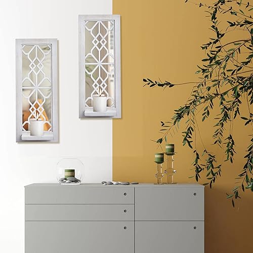 Miniatura 10 de Juego de 2 candelabros de pared de madera, candelabros rústicos de pared, decoración de pared colgante de granja, marco de madera tallada,