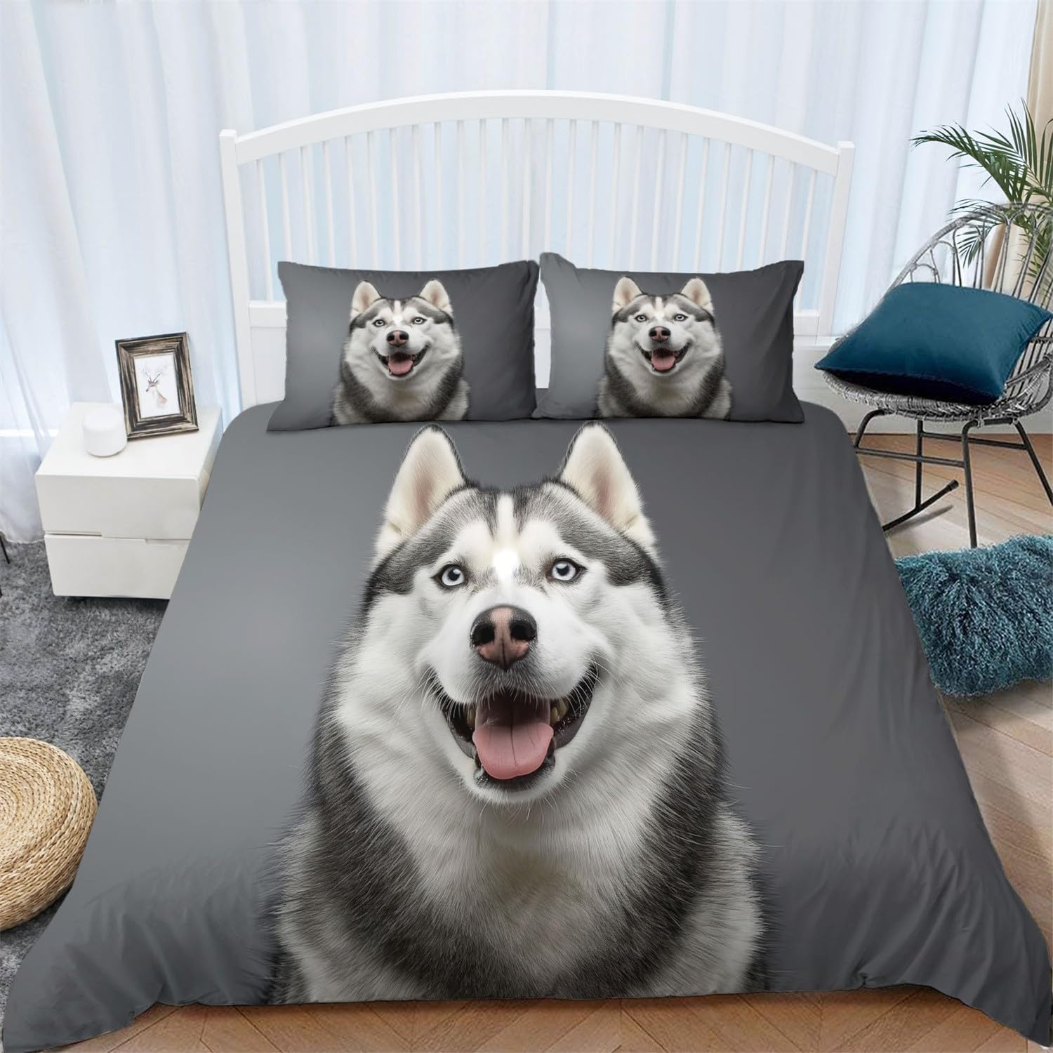 Husky-Porträt luksusowy zestaw pościeli z szarą pościelą, z mikrofibry, z zamkiem błyskawicznym i 2 poszewkami na poduszkę 260 x 220 cm