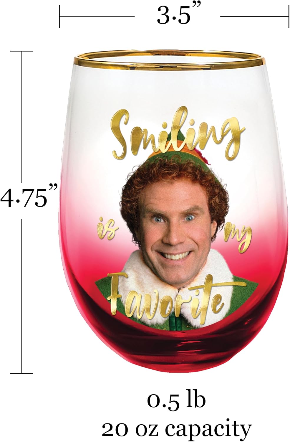 Spoontiques Stemless Wine Glass, 20oz - Lidless Drink Tumbler for Cold Beverages - Elf Smiling