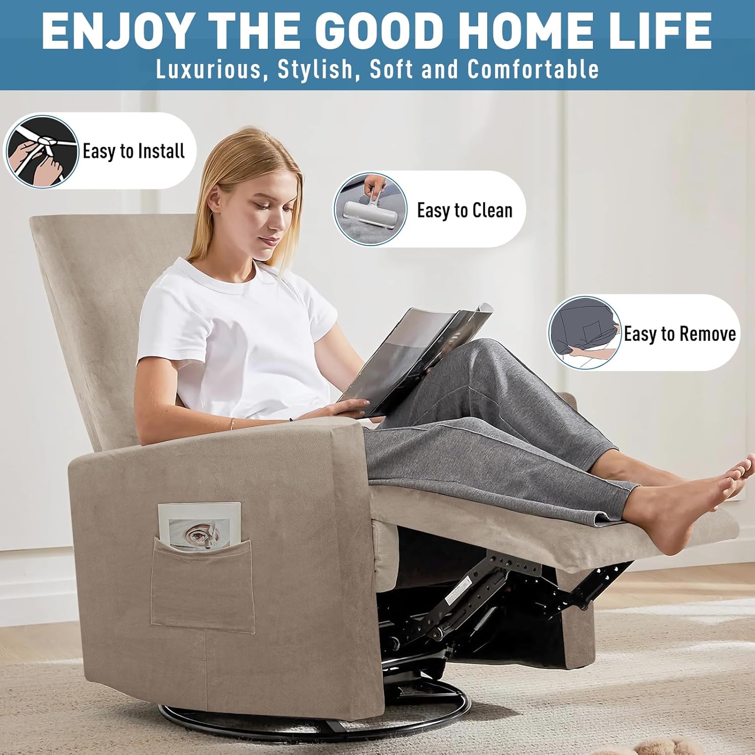 ZNSAYOTX 2026 Velvet Small Recliner Cover 3-Piece, Luxury Plush Recliner Chair Covers with Elastic Band & Ties Stay in Place, Stretch Reclining Slipcover for Lazy Boy Soft Washable (Khaki)