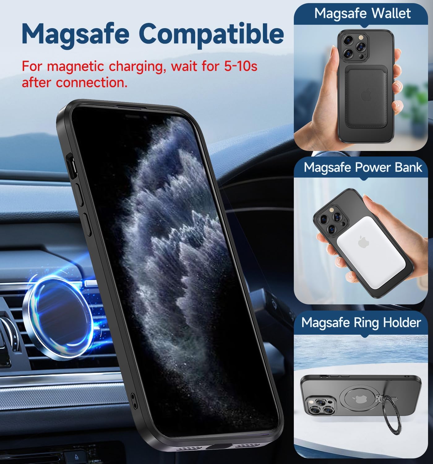 MAGIC JOHN for iPhone 11 Pro Case[Compatible with Magsafe] [with Magnetic Metal Stand][Military Grade Shockproof][Anti Yellowing],Translucent Matte Back with Soft Edge,Black
