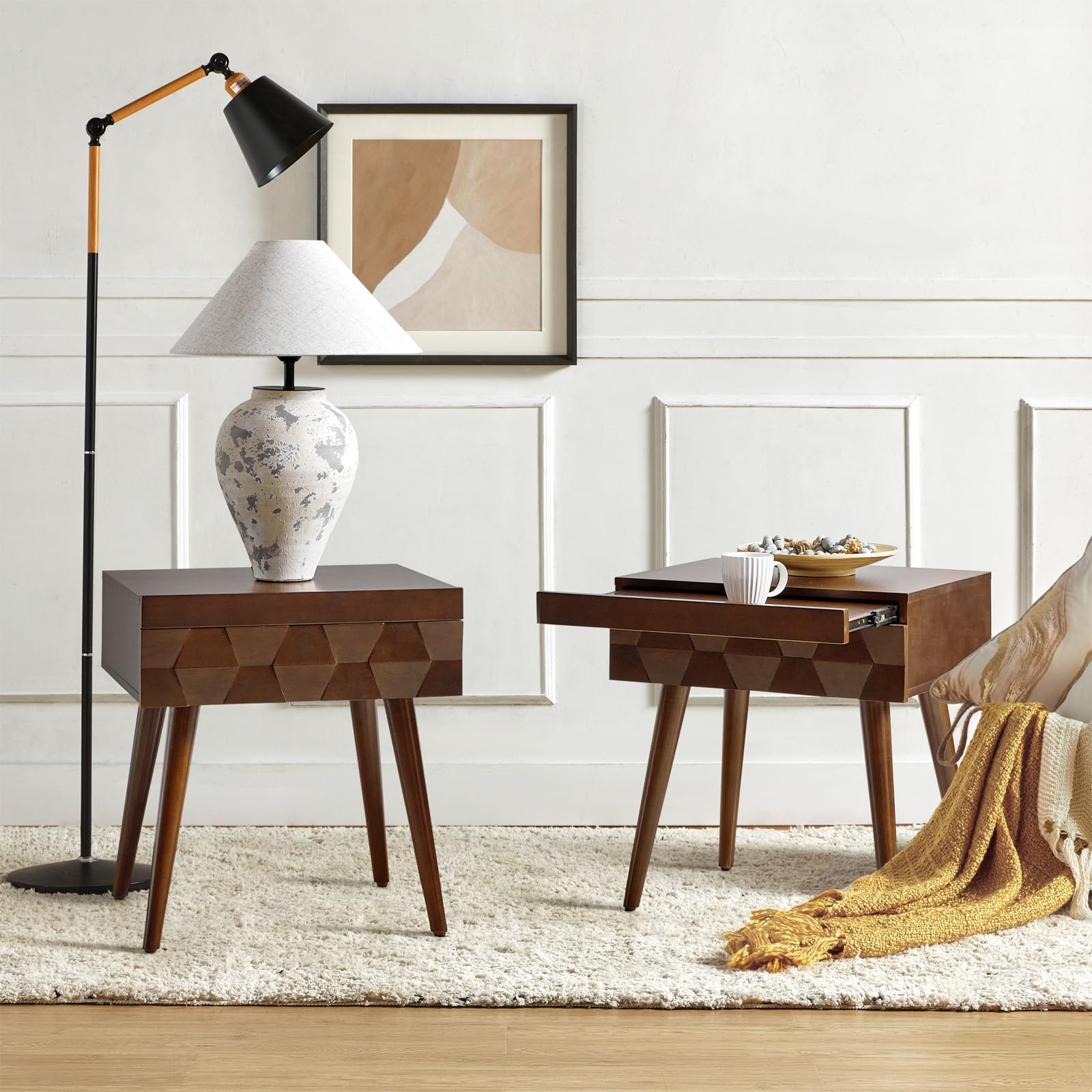 HULALA Home End Table with Charging Station, Side Table with Drawer and Pull-Out Shelf, Nightstand Bedside Table with USB Ports and Outlets, Set of 2,